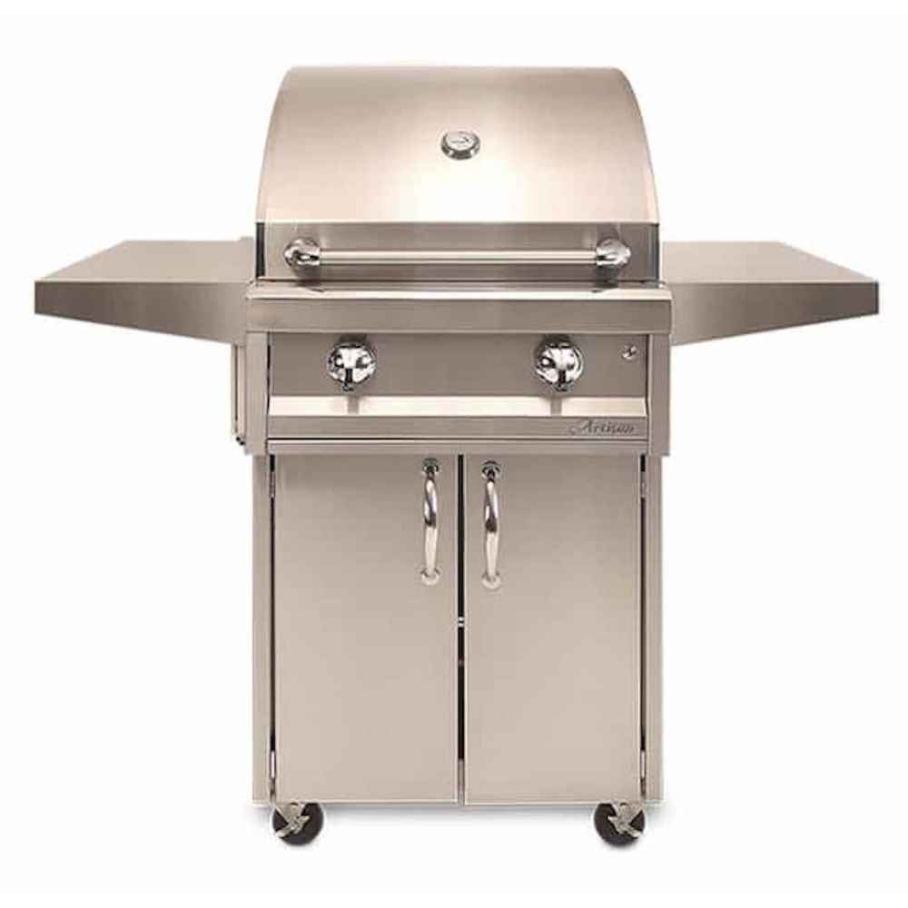 Alfresco Grills American Eagle 26” Cart Grill, 2 Burner, showing its side shelves