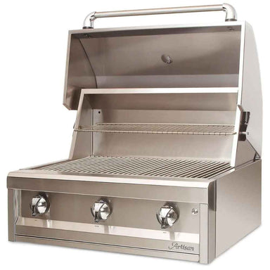 Alfresco Grills American Eagle 32” Built-In Grill, 3 Burner is shown with its hood open, revealing a spacious grilling surface, three control knobs, and a warming rack