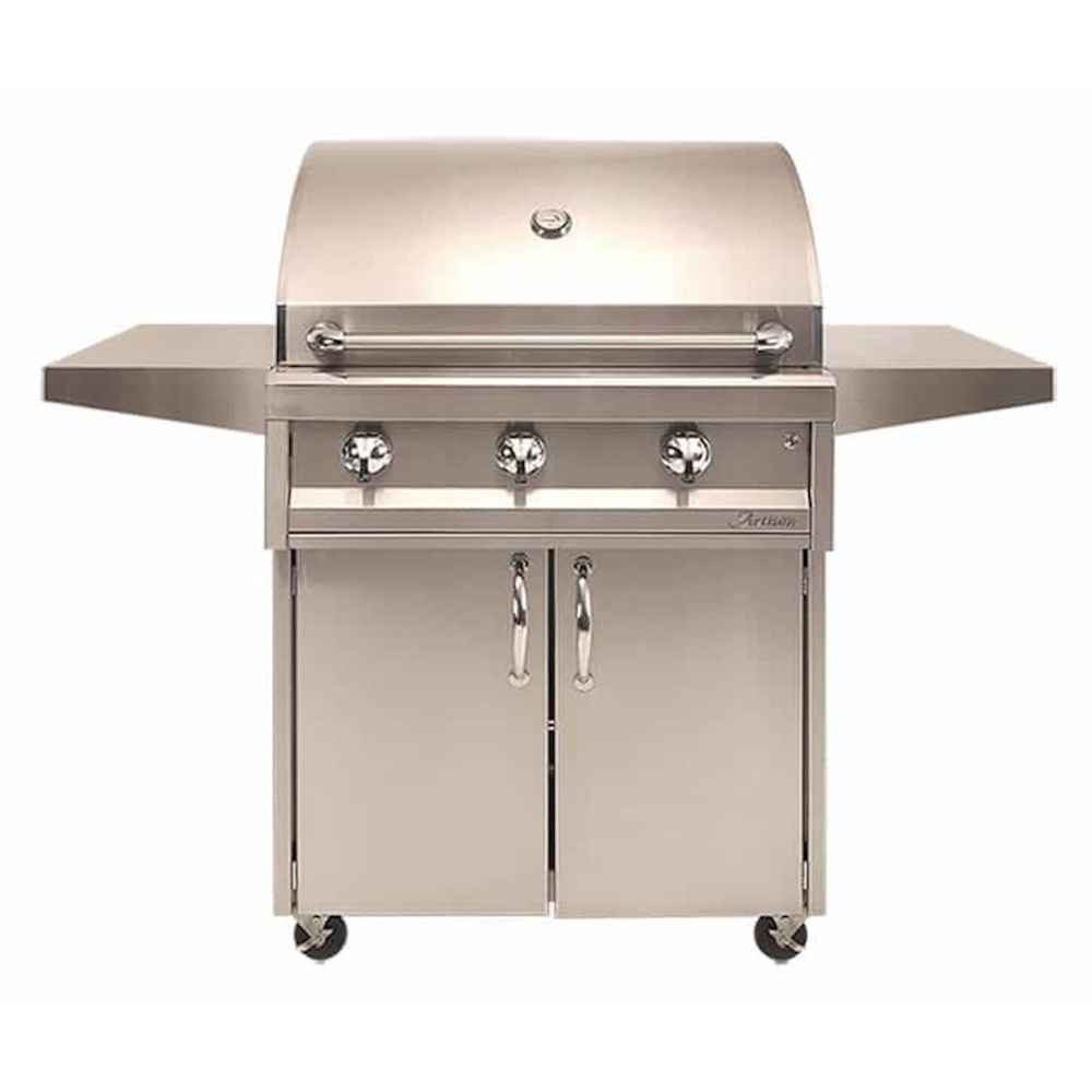 Alfresco Grills American Eagle 32” Cart Grill, 3 Burner has a high-quality stainless steel exterior with sturdy handles and foldable side shelves