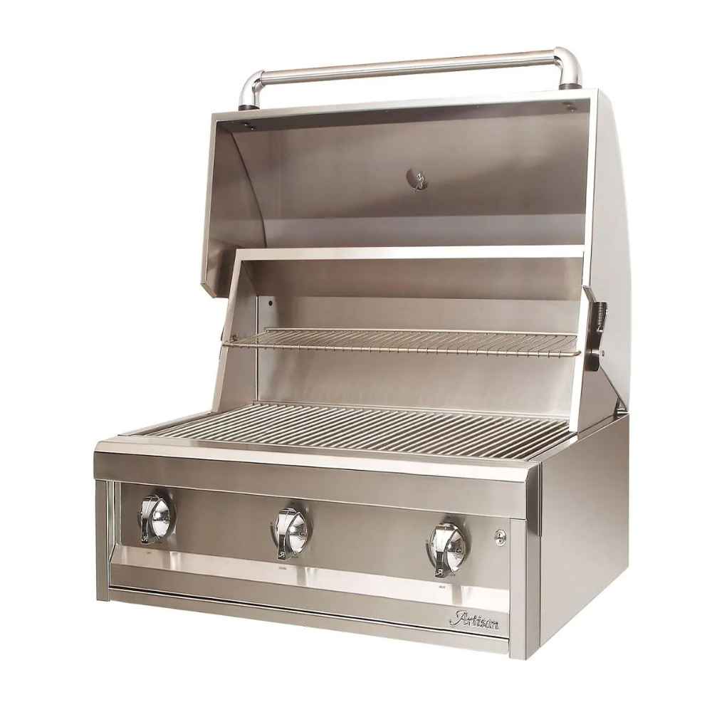 Alfresco Grills American Eagle 36” Built-In Grill, 3 Burner is shown with its lid open, revealing a spacious stainless steel grilling surface with a warming rack