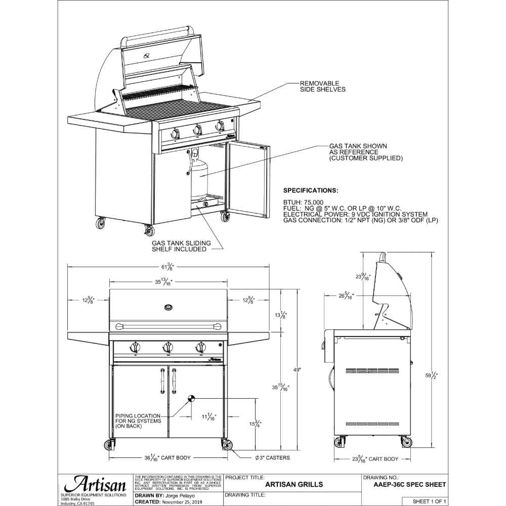 Alfresco Grills American Eagle 36” Cart Grill, 3 Burner features a detailed spec sheet, outlining its dimensions, fuel options, and BTU capacity