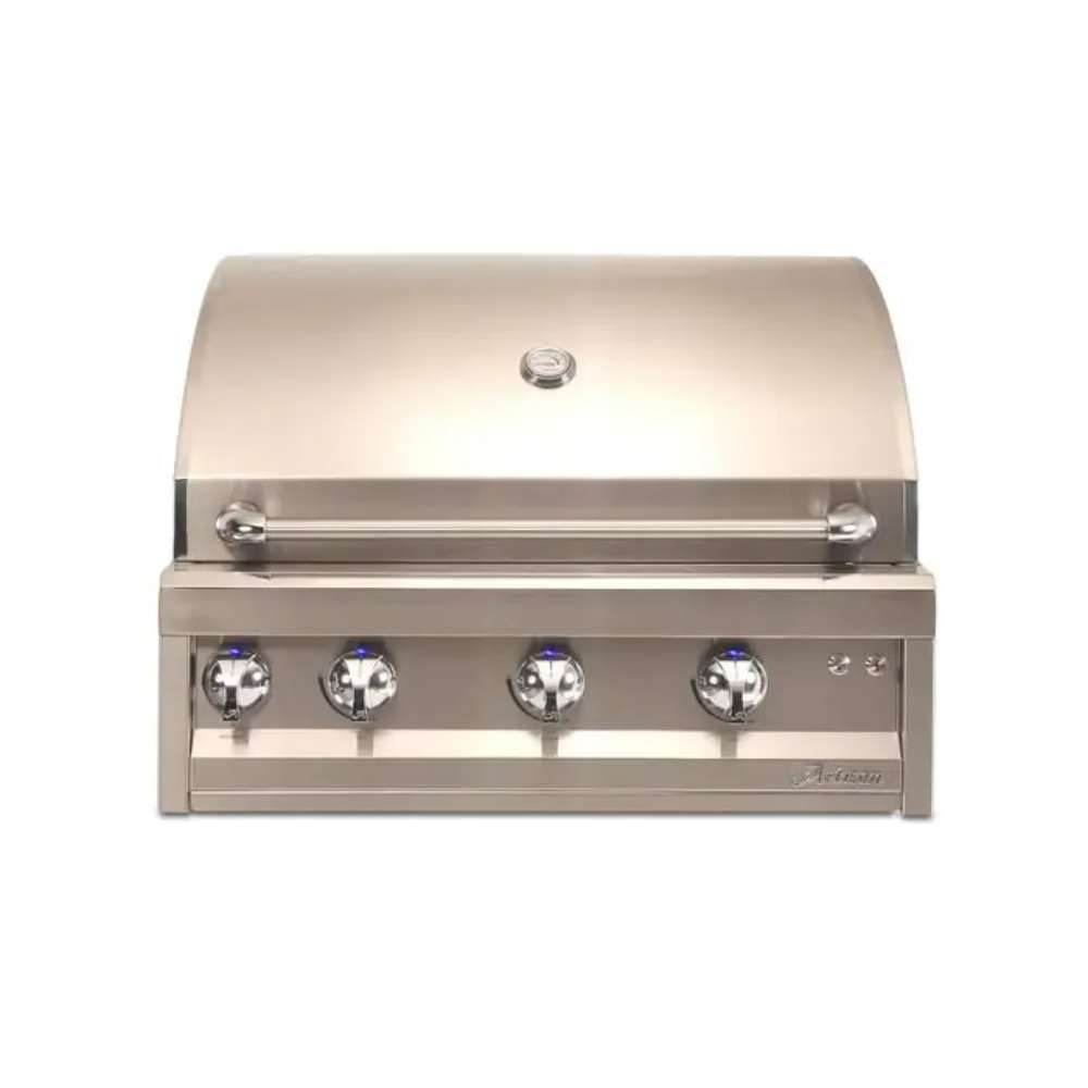 Alfresco Grills Artisan Professional 32” Built-In Grill, 3 Burner features a sleek stainless steel body with four illuminated control knobs