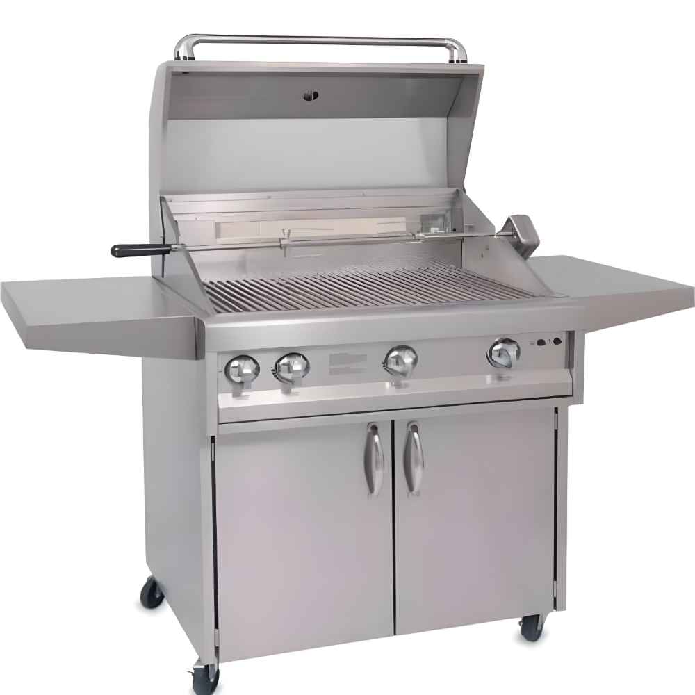 Alfresco Grills Artisan Professional 32” Cart Grill, 3 Burner with its hood open, revealing the spacious grilling surface and heavy-duty grates