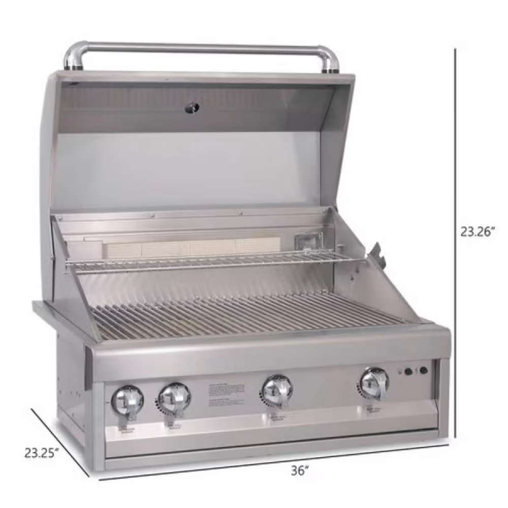 Alfresco Grills Artisan Professional 36” Built-In Grill, 3 Burner is displayed with open dimensions labeled