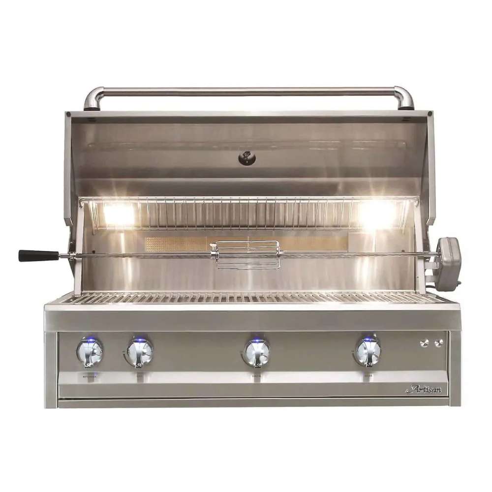 Alfresco Grills Artisan Professional 42” Built-In Grill, 3 Burner features bright interior lighting, stainless steel grates, and a rotisserie