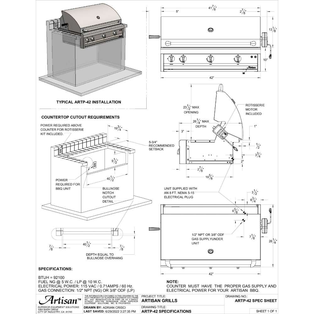 Alfresco Grills Artisan Professional 42” Built-In Grill, 3 Burner spec sheet includes measurements and installation details