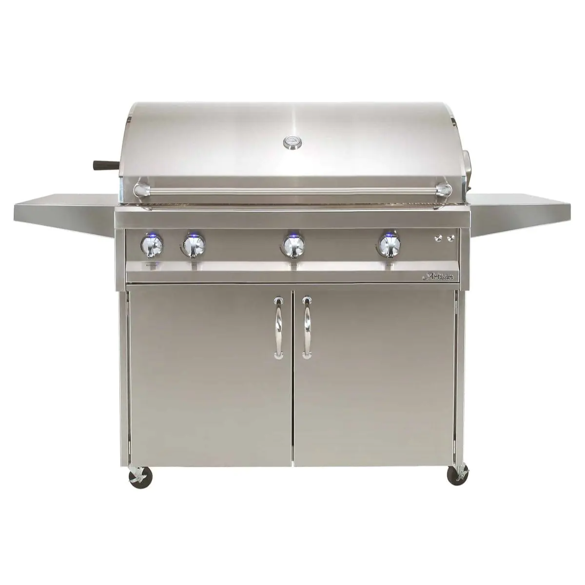 Alfresco Grills Artisan Professional 42” Cart Grill, 3 Burner is a sleek stainless steel outdoor grill with a cart, side shelves, and control knobs