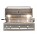 Alfresco Grills Artisan Professional 42” Cart Grill, 3 Burner with the lid open reveals bright interior lighting, stainless steel grates, and a built-in rotisserie system