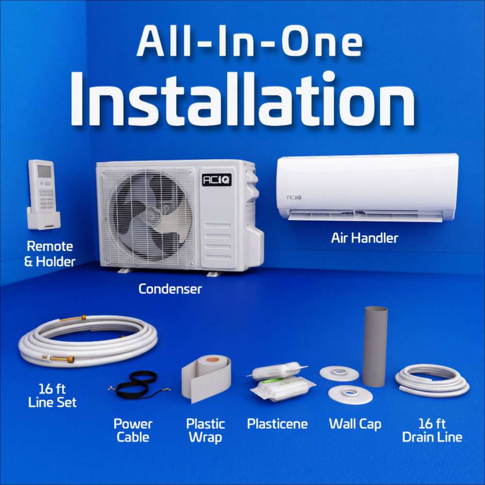 All-in-one installation graphic for ACiQ 12000 BTU Essentials 17 SEER2 Single Zone Wall Mount Mini Split Heat Pump System labels the remote, condenser, air handler, line set, power cable, wall cap and drain line
