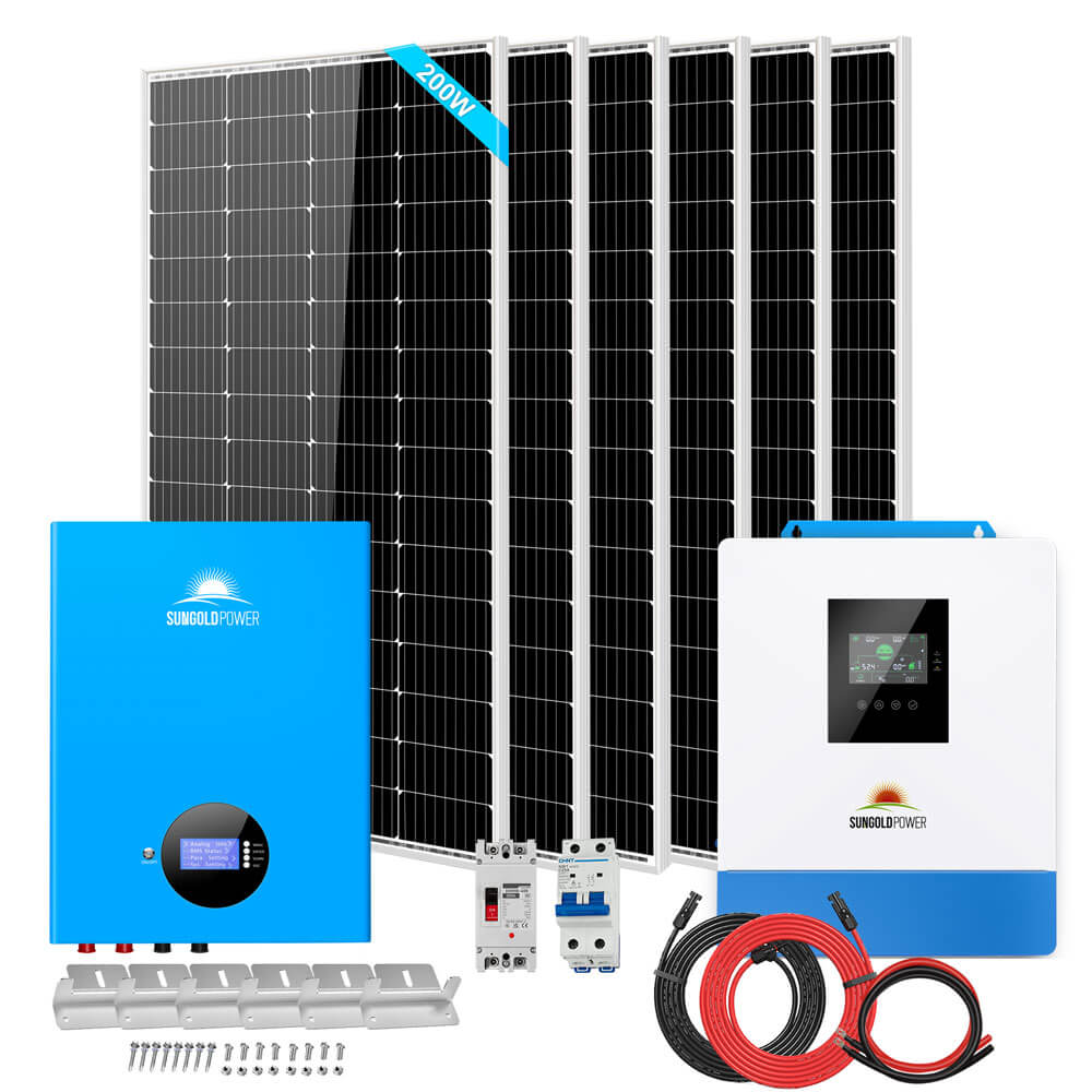 All-in-one system view of Sun Gold Power 5000W 48VDC 120V 5.12KWH LiFePO4 Battery 1200W Solar Panel Off-Grid Solar Kit including inverter, PowerWall battery, solar panels, cables, and accessories