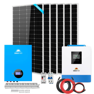 All-in-one system view of Sun Gold Power 5000W 48VDC 120V 5.12KWH LiFePO4 Battery 1200W Solar Panel Off-Grid Solar Kit including inverter, PowerWall battery, solar panels, cables, and accessories