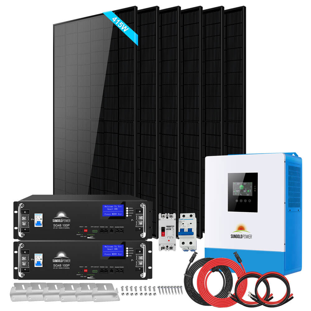 All-in-one system view of Sun Gold Power 5000W 48VDC 120V LiFePO4 10.24KWH Lithium Battery 2490W Solar Panel Off-Grid Solar Kit including inverter, batteries, solar panels, cables, and accessories.
