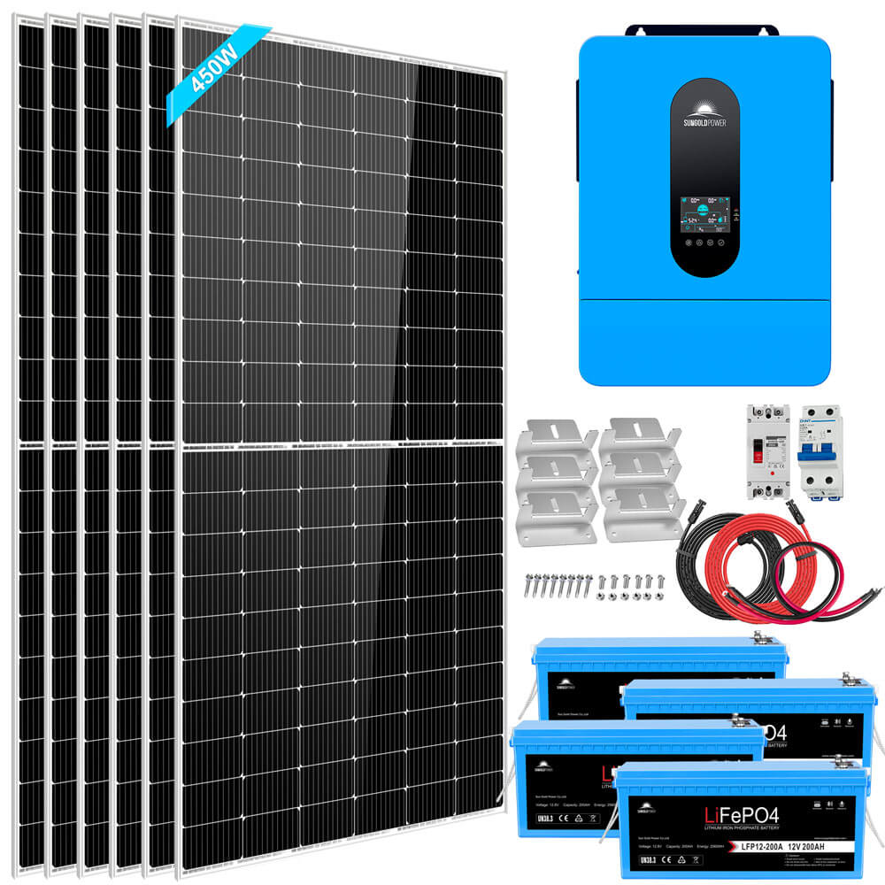 All-in-one system view of Sun Gold Power 6500W 48V 120V/240V 10.24KWH Lithium Battery 2700W Solar Panel Complete Off-Grid Solar Kit including inverter, batteries, solar panels, cables, and accessories