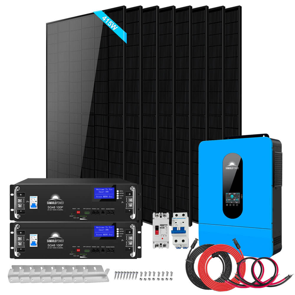 All-in-one system view of Sun Gold Power 6500W 48VDC 120V/240V LifePo4 10.24KWH Lithium Battery 3320W Solar Panel Off-Grid Solar Kit including inverter, batteries, solar panels, cables, and accessories