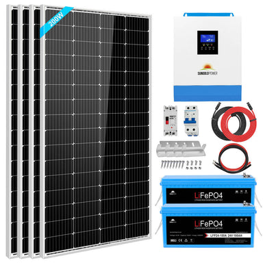 All-in-one system view of the Sun Gold Power 3000W 24V 120V 5.12KWH Lithium Battery 800W Solar Panel Off-Grid Solar Kit including inverter, batteries, solar panels, cables, and accessories