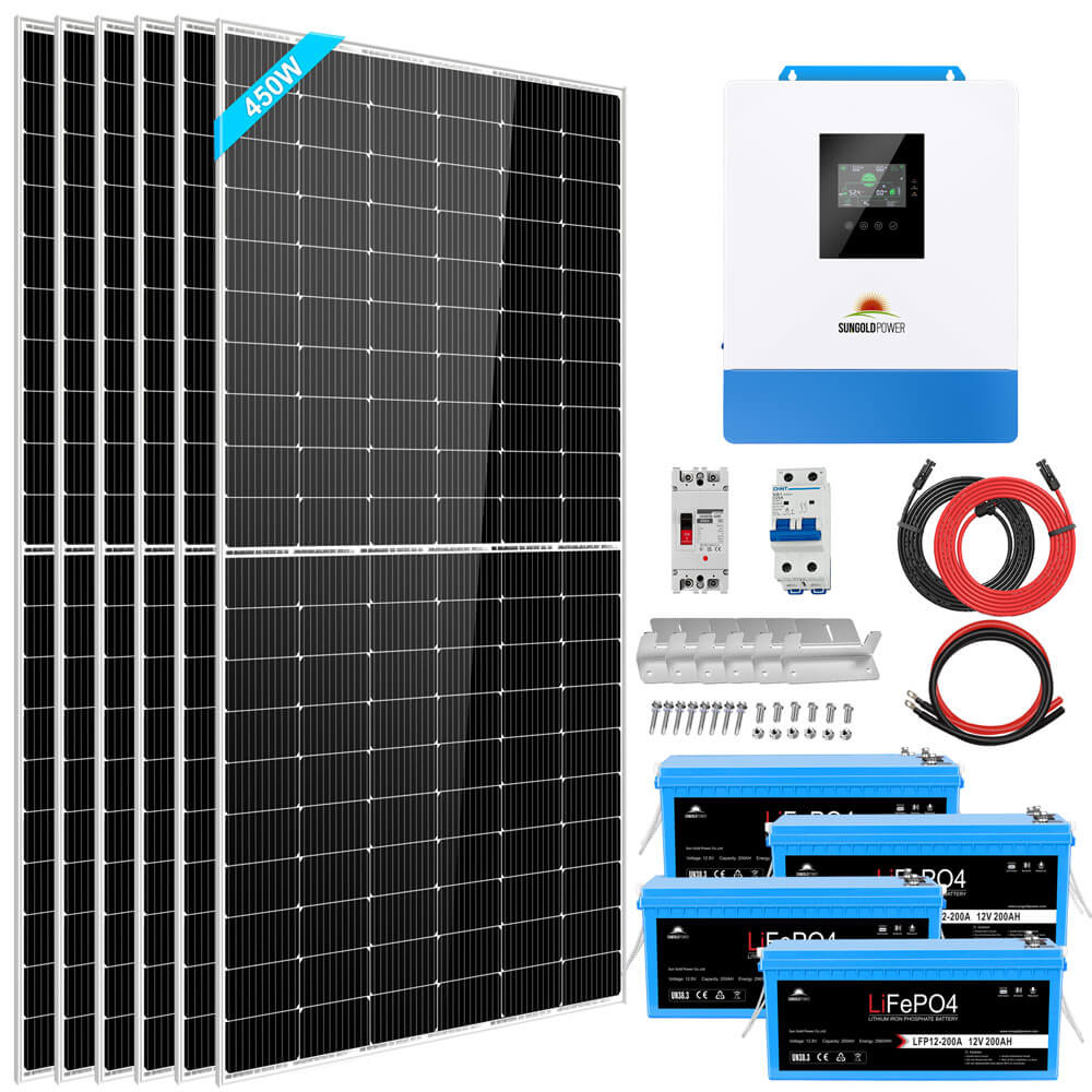 All-in-one system view of the Sun Gold Power 5000W 48V 120V 10.24KWH Lithium Battery 2700W Solar Panel Off-Grid Solar Kit including inverter, batteries, solar panels, cables, and accessories