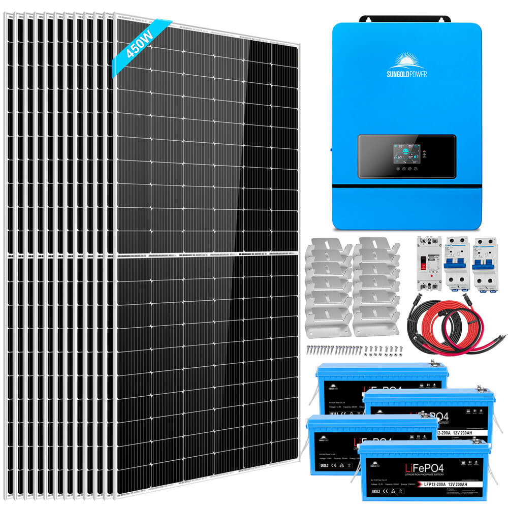 All-in-one system view of the Sun Gold Power Complete 8000W 48V 120V/240V 10.24KWH Lithium Battery 5400W Solar Panel Off-Grid Solar Kit including inverter, batteries, solar panels, cables, and accessories