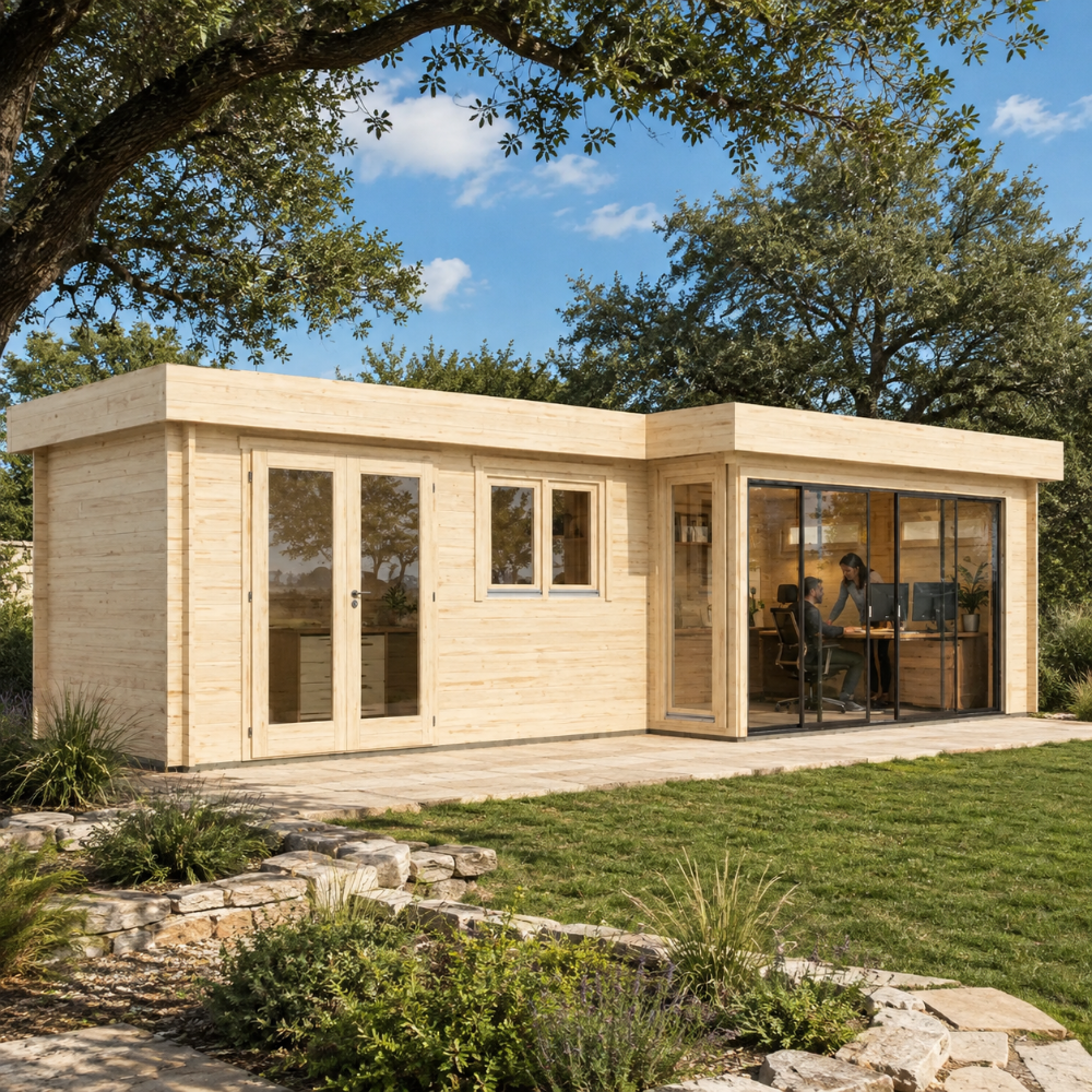 L-shaped light wood cabin with glass doors and large windows on a stone patio, surrounded by grass and trees.