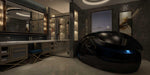 A luxurious bathroom with a sleek, black Dreampod V2 Float Pod surrounded by modern fixtures and soft lighting