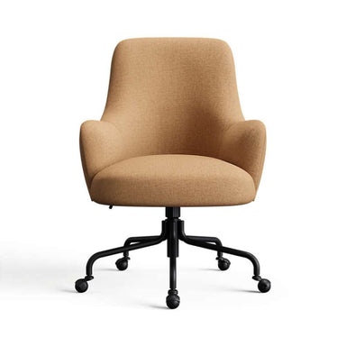 Amber Linen Linen Weave Crate & Barrel Bellevue Upholstered Office Chair in warm amber fabric with a curved back padded arms and rolling black base