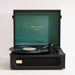 A minimalist close-up of Arkrocket Coryphaeus Bluetooth Turntable Deluxe Edition Record Player (BlackGreen) shows the player open and playing a record