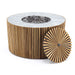 An angled view of Westminster Teak Agora Fire Table shows the ceramic slate top and round lava rock fire bowl