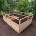 An empty Outdoor Living Today 8×5 Raised Garden Bed filled with soil is shown before planting, surrounded by a leafy backyard