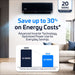 An energy savings graphic highlights inverter technology and reduced power use with ACiQ 9000 BTU Essentials 21 SEER2 Single Zone Wall Mount Mini Split Heat Pump System