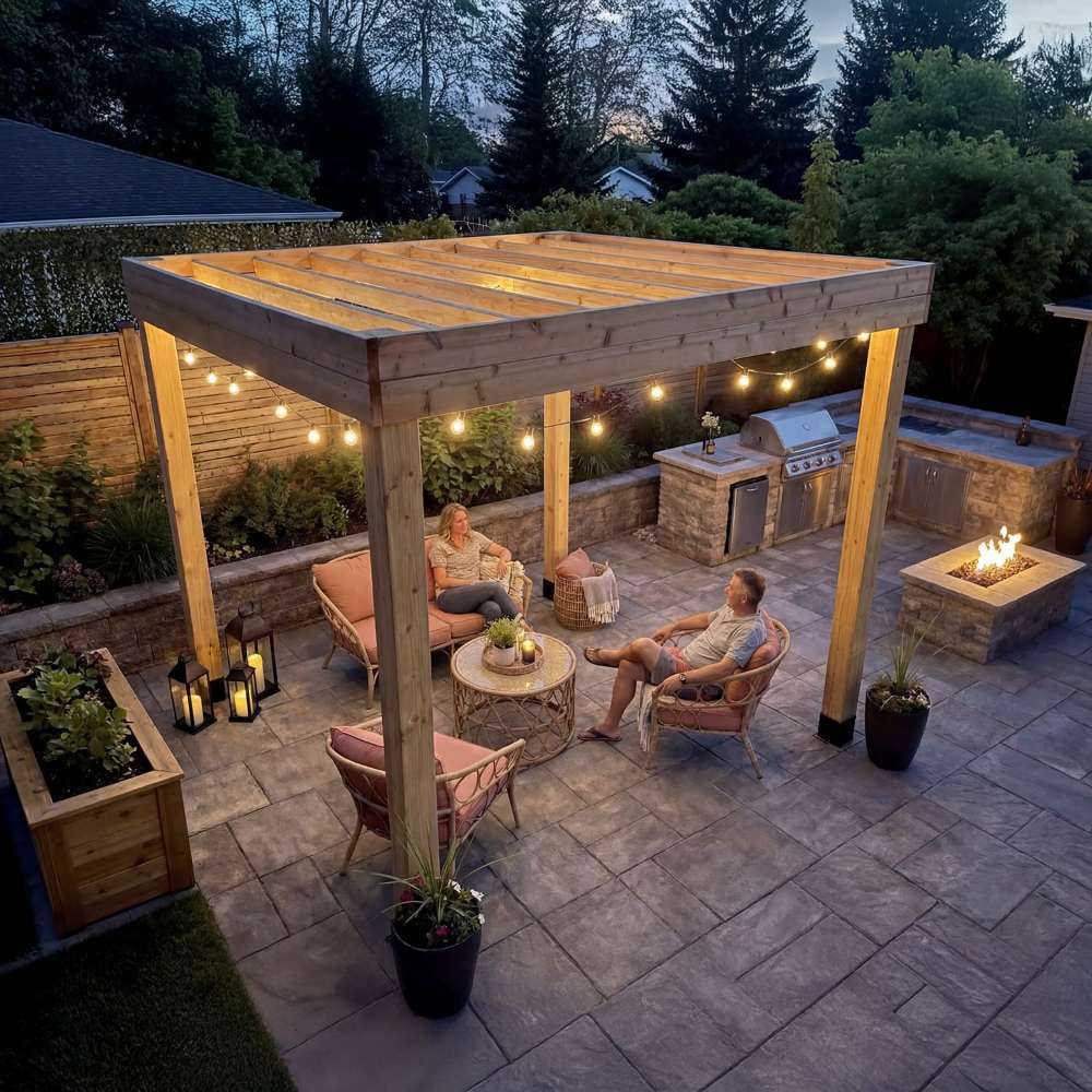 An evening backyard scene with seating, fire feature, and the Outdoor Living Today Western Red Cedar Urban Escape Pergola