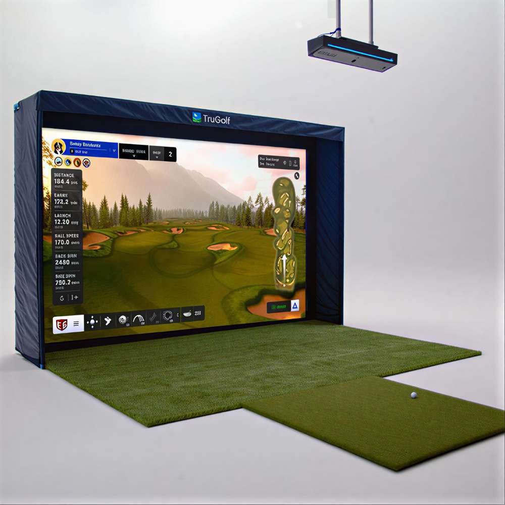 An indoor golf setup uses TruGolf APOGEE Golf Launch Monitor w/ MAX Simulator above a large impact screen and green turf mats