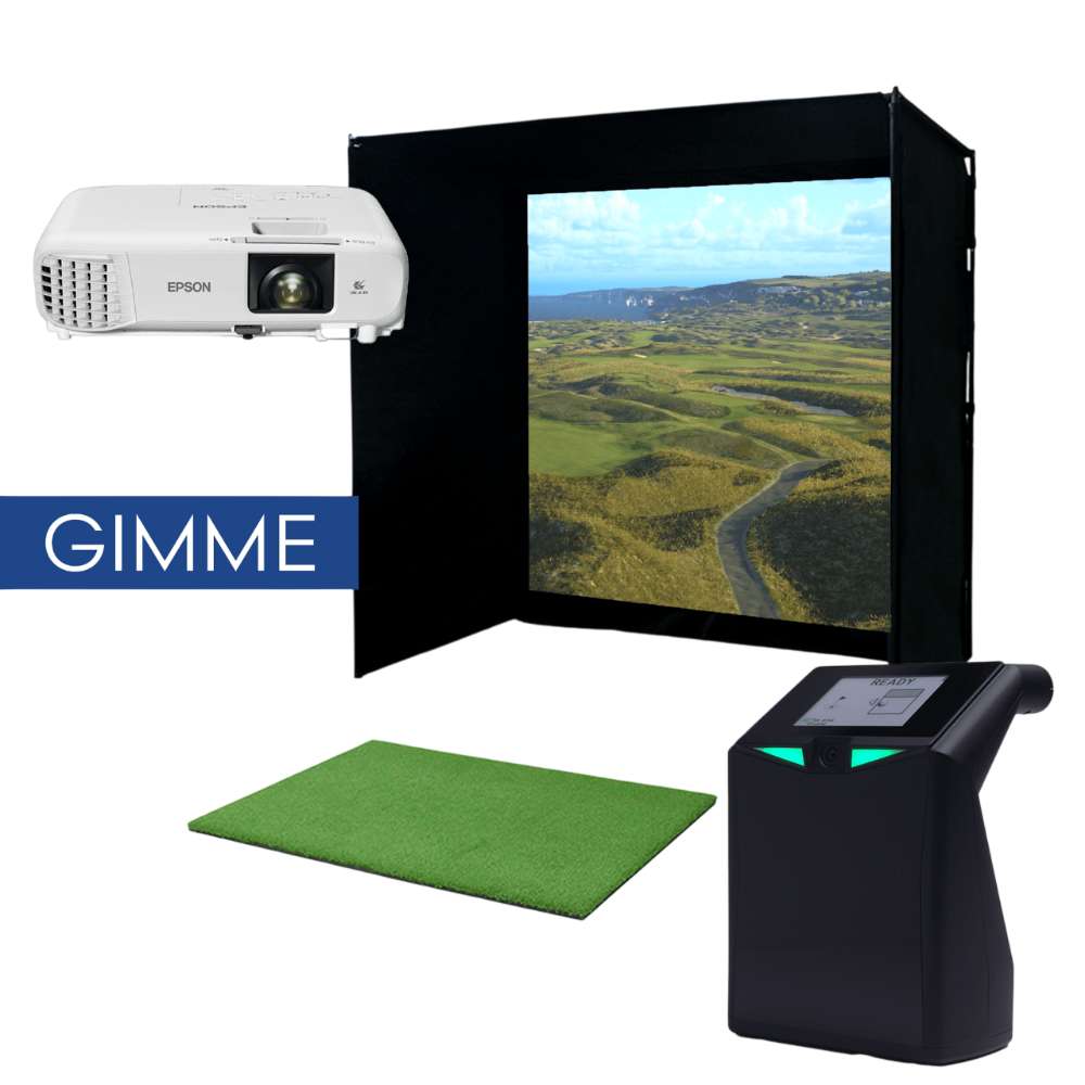 An indoor golf simulator with a screen, projector, mat, and launch monitor is shown as TruGolf LaunchBox Golf Launch Monitor w/ Starter 10 (2025) Enclosure + Gimme Package