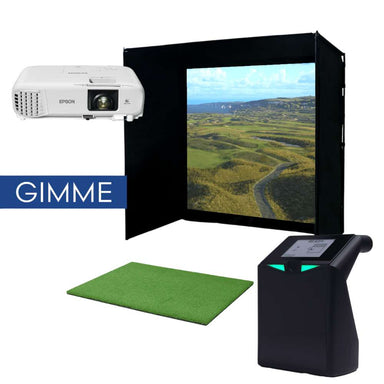 An indoor golf simulator with a screen, projector, mat, and launch monitor is shown as TruGolf LaunchBox Golf Launch Monitor w/ Starter 10 (2025) Enclosure + Gimme Package