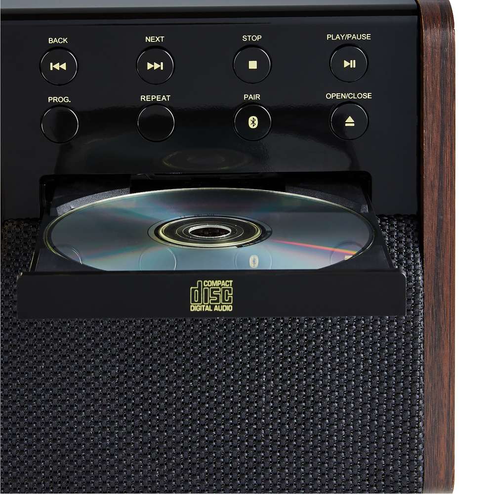 An open CD tray and playback buttons appear on the Victrola Empire Bluetooth Record Player
