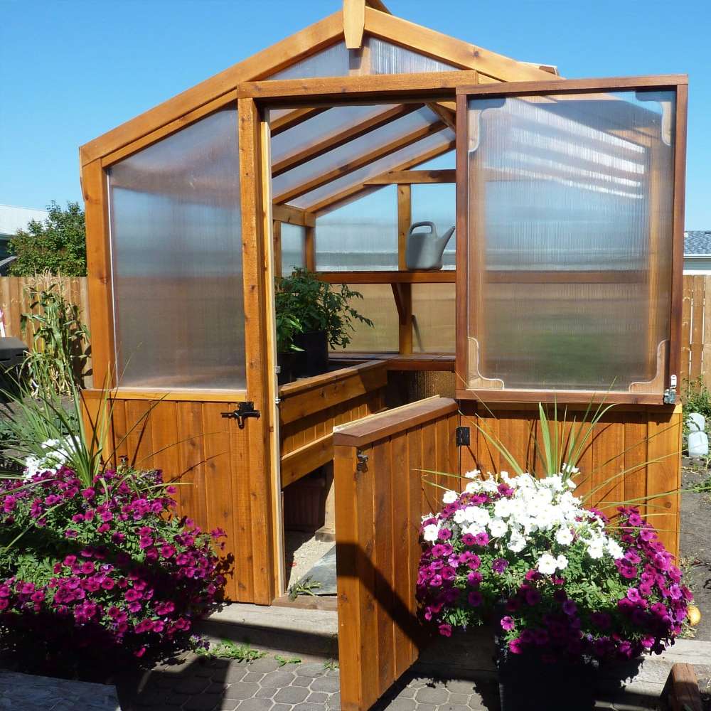 An open door view shows plants and shelves inside the 8x8 Outdoor Living Today Western Red Cedar Greenhouse Kit