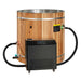 An upright black chiller with a digital display panel connects by black hoses to Golden Designs Dynamic Cold Therapy Barrel 304 Stainless Steel Cold Plunge