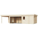 An angled exterior image shows the GardenHouse24 USA Sauna St.Moritz 70 Garden Room with sliding glass doors, side entrance, and overhang