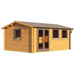 An angled perspective highlights the elegant design of the GardenHouse24 USA Miriam 44A Classic Garden Room, with brown-trimmed windows and doors against a warm wood tone