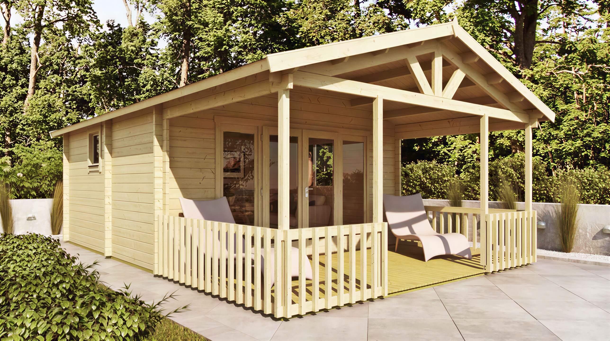 An angled perspective of the GardenHouse24 USA Nepean 44A Garden Room, placed in a landscaped backyard with lounge chairs on the porch and trees
