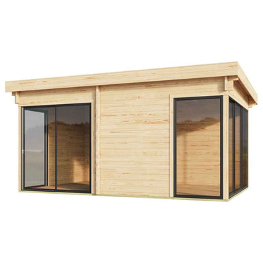 An angled perspective showing two glass walls meeting at a corner and a sliding door entrance, showcasing the stylish architecture of the GardenHouse24 USA ALU Concept 70G Garden Room