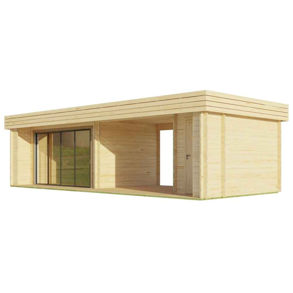 An empty exterior view of the GardenHouse24 USA Rait 44 Garden Room shows its sleek, flat-roof design with large open entryways