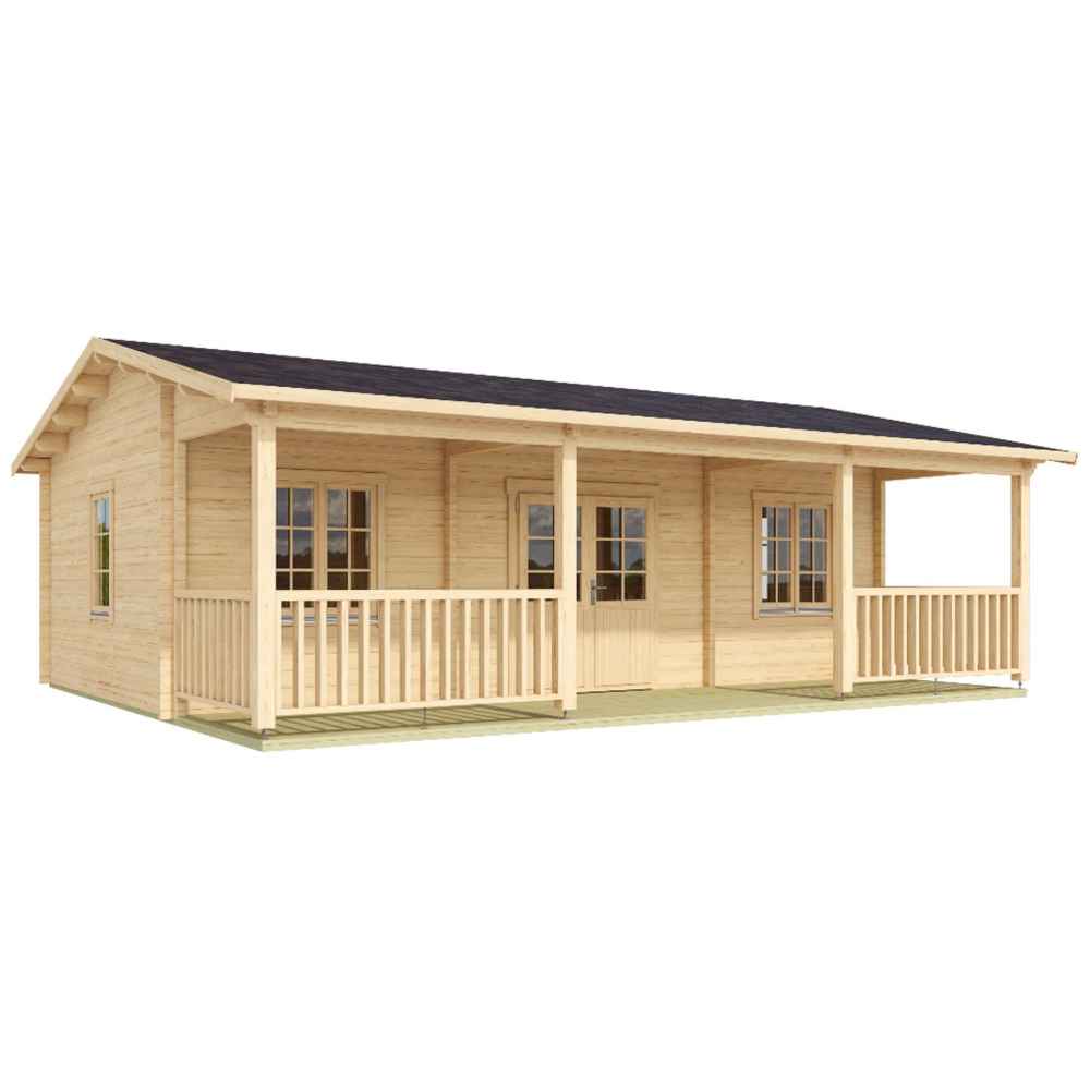 An empty model of the GardenHouse24 USA Barrit 70 Garden Room shows its light wood finish, porch railings, and compact structure
