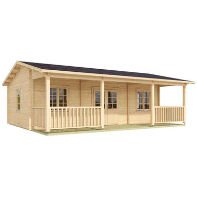 An empty model of the GardenHouse24 USA Barrit 70 Garden Room shows its light wood finish, porch railings, and compact structure