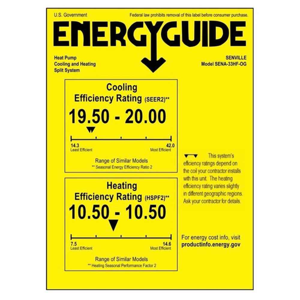 An energy efficiency label showing cooling efficiency up to SEER2 20 and heating efficiency HSPF2 10.5 for the Senville 33000 BTU Mini Split Air Conditioner - Heat Pump - SENA33HF