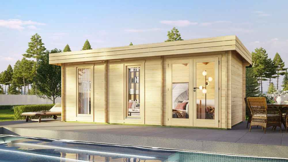 An outdoor photo of the GardenHouse24 USA Miriam 44C Modern Garden Room placed beside a pool, with sunlight reflecting off its natural wood exterior and large windows
