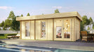 An outdoor photo of the GardenHouse24 USA Miriam 44C Modern Garden Room placed beside a pool, with sunlight reflecting off its natural wood exterior and large windows