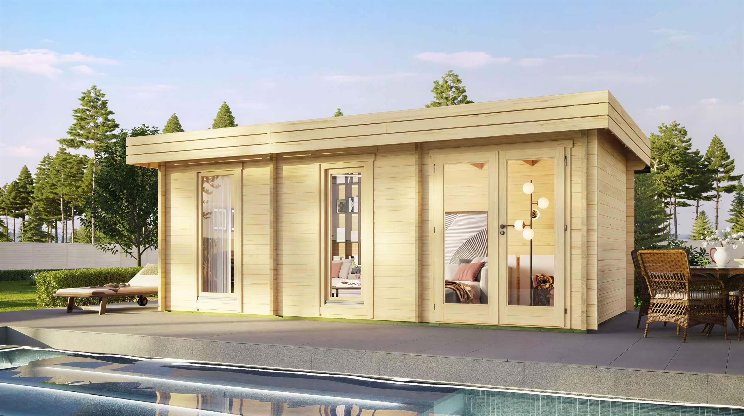 An outdoor photo of the GardenHouse24 USA Miriam 44C Modern Garden Room placed beside a pool, with sunlight reflecting off its natural wood exterior and large windows