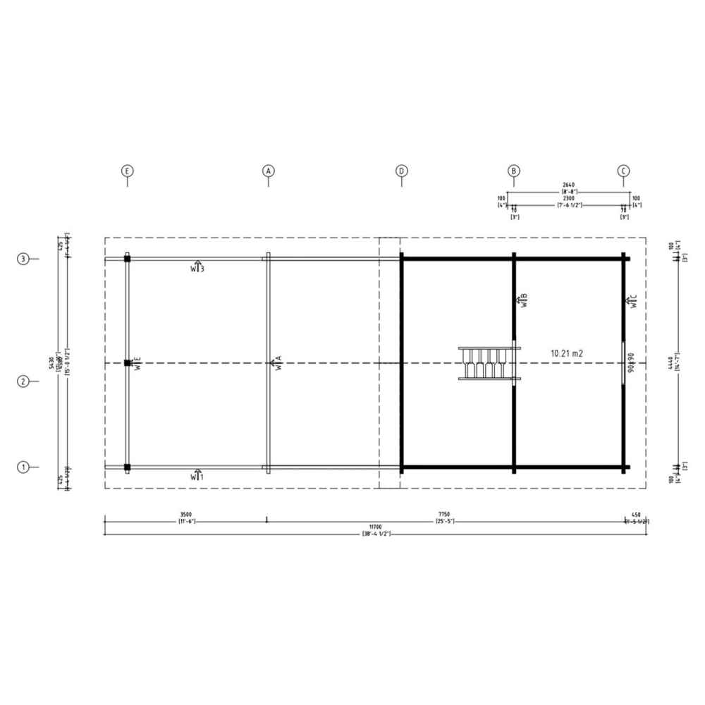 An overhead structural layout drawing displays beam placements and roof outlines of the GardenHouse24 USA Lake House 70A Garden Room in precise detail