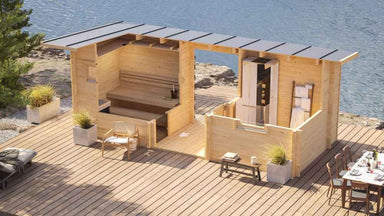 An overhead view showing the GardenHouse24 USA Urho 70 A Garden Room with its roof partially removed to reveal two main interior sections and an open middle space