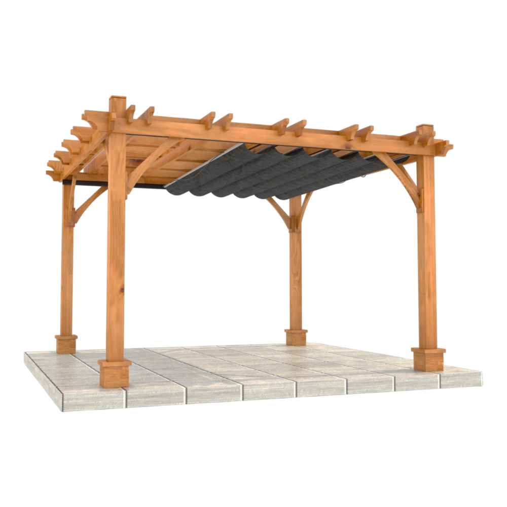 An angled perspective image shows the 12 x 12 Outdoor Living Today Western Red Cedar Pergola & Canopy featuring a partially extended canopy and sturdy cedar construction