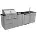 An angled product view of the Sunstone Brazos 9ft Outdoor Grill & Cabinet Island Package highlighting the grill, fridge, and sink